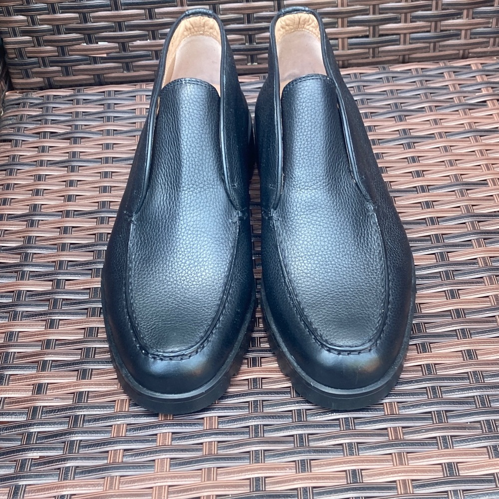 Santoni Black Pebbled Leather Slip-On Loafers
